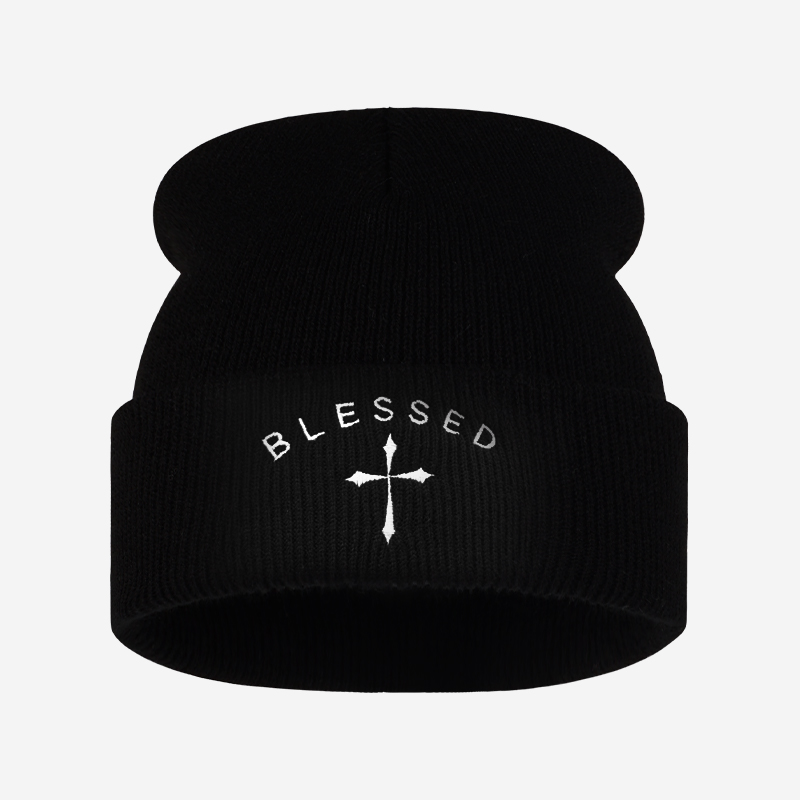 Blessed Cross Embroidered Bean - Beanie Cuffed Knit 评论和价格