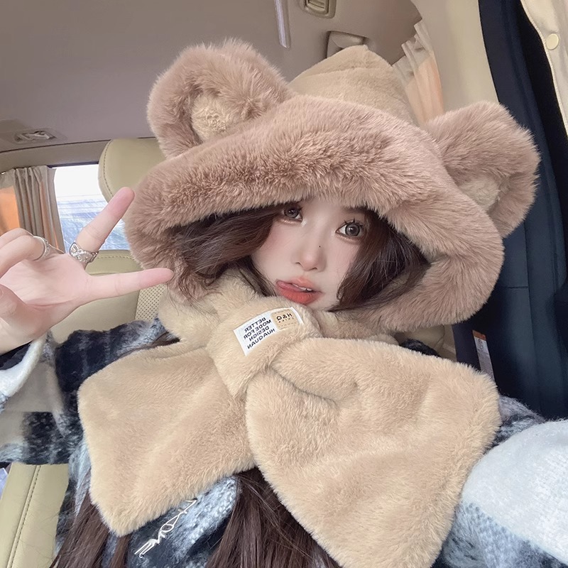 Cute Bear Hat Scarf Integrated - Trapper Hat Ear Flap 评论和价格