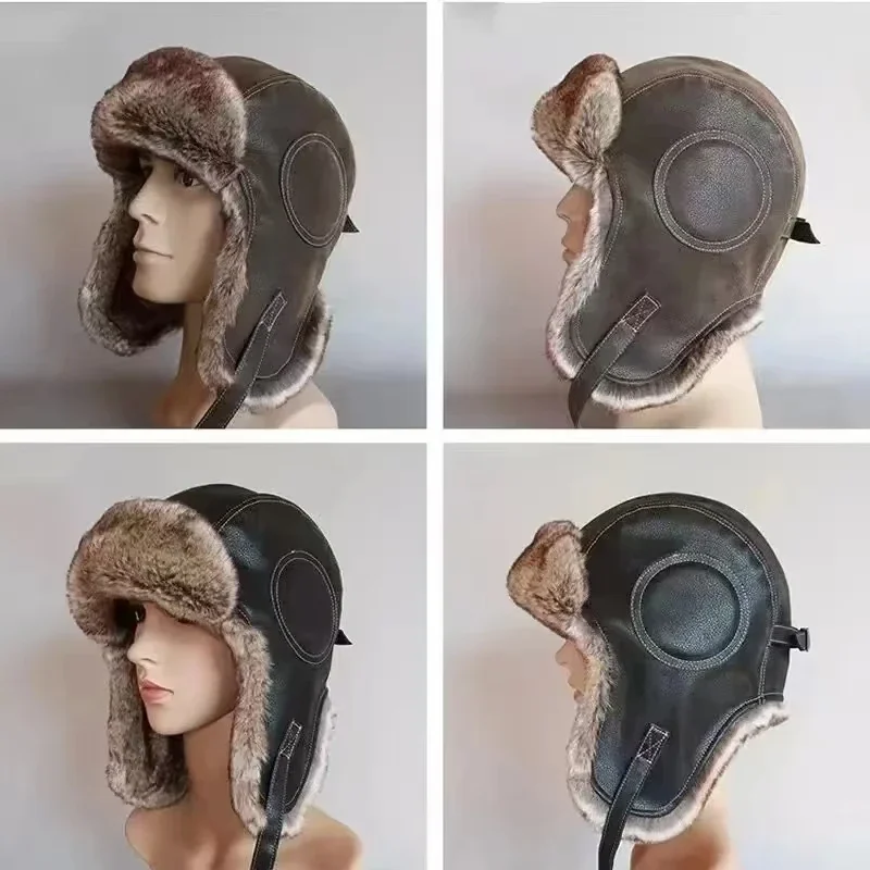 Leather SnowWint Cap With Ear  - Trapper Hat Ear Flap 评论和价格