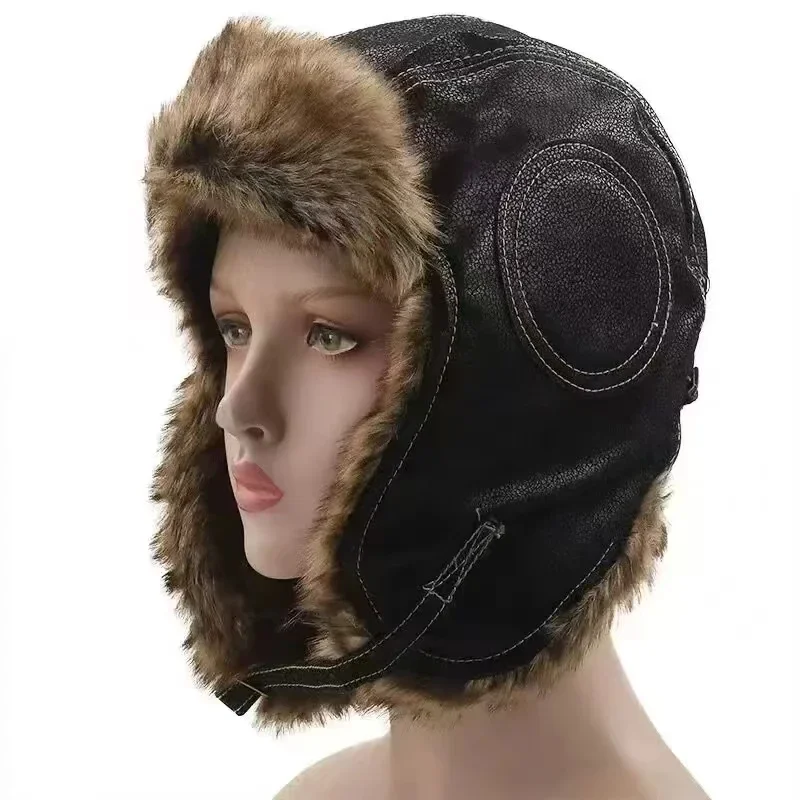 Leather SnowWint Cap With Ear  - Trapper Hat Ear Flap 评论和价格